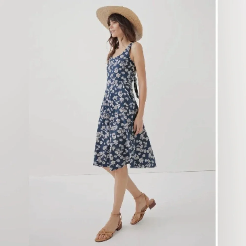 NWT Pact Size XL Organic Cotton French Navy Floral Tie Back Dress W Pockets - Picture 2 of 6